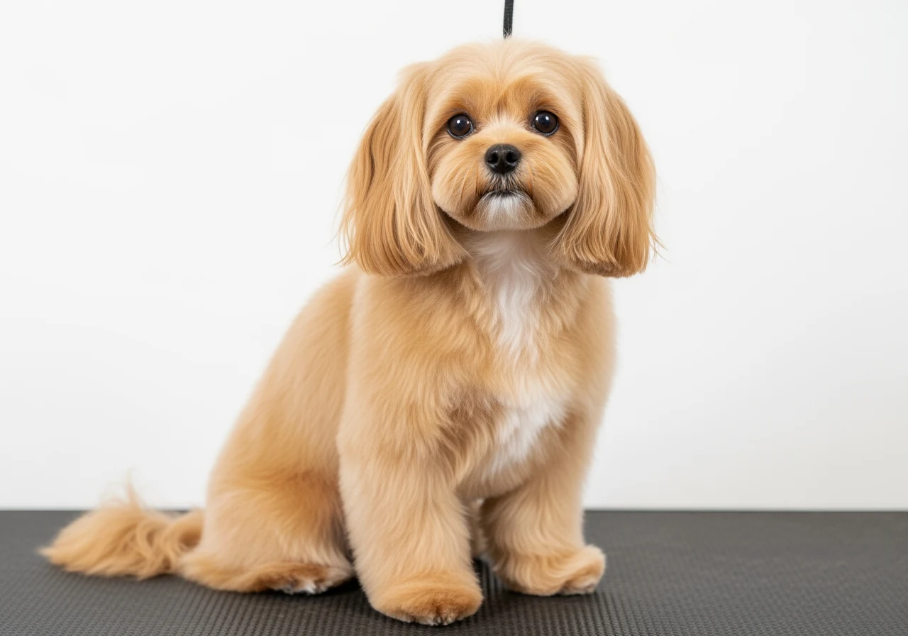 Séance de toilettage d'un Bolonka Zwetna, brossage du poil ondulé